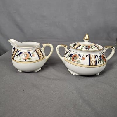 Antique Noritake Hand Painted Cream & Sugar Bowl w Lid Japan