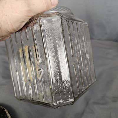 Vintage Hoosier Cabinet Glass Jar H Pattern Sugar Cookie Canister Flower Tin Lid - Thumbnail 8