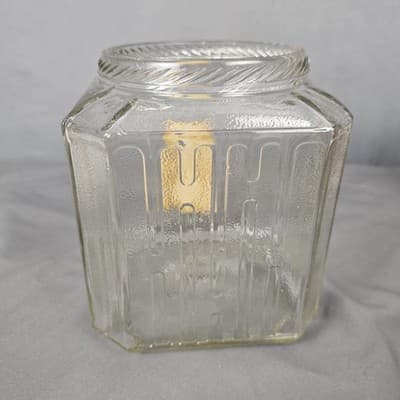 Vintage Hoosier Cabinet Glass Jar H Pattern Sugar Cookie Canister Flower Tin Lid - Thumbnail 13