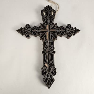 Wooden Scroll Work Cross Walnut and Bass Wood 9" Tall