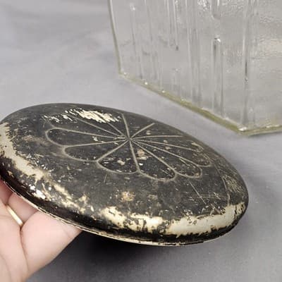 Vintage Hoosier Cabinet Glass Jar H Pattern Sugar Cookie Canister Flower Tin Lid - Thumbnail 16