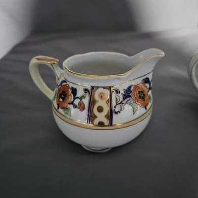Antique Noritake Hand Painted Cream & Sugar Bowl w Lid Japan - Thumbnail 5