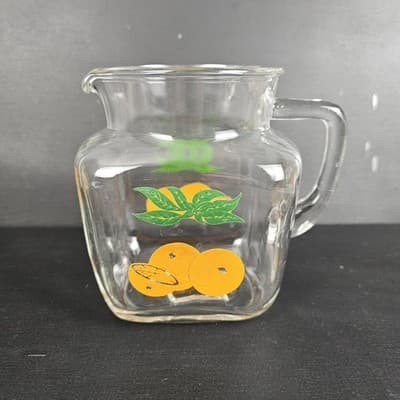 Vtg 5.5" 1960s Clear Glass Square Oranges Leaves Water/ Juice Pitcher - Thumbnail 2