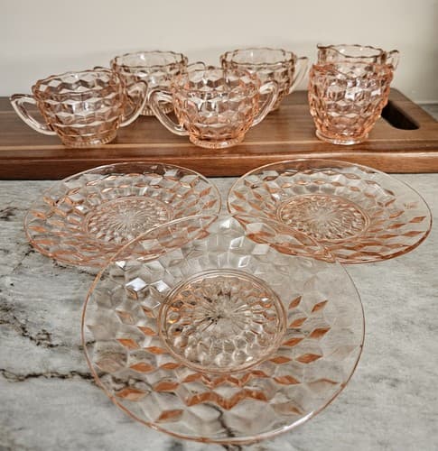 Pink Depression Glass Hocking Block Optic Dishes Lot Of 9 Bowls Pitchers plates