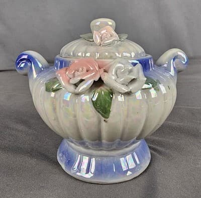 Vintage Porcelain Rose Jewelry Dish with Lid 4" tall - Thumbnail 2
