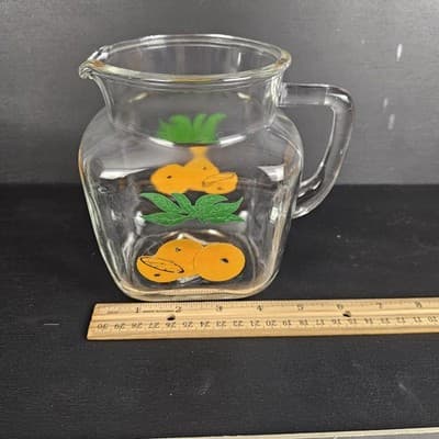 Vtg 5.5" 1960s Clear Glass Square Oranges Leaves Water/ Juice Pitcher - Thumbnail 9