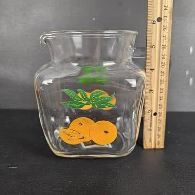 Vtg 5.5" 1960s Clear Glass Square Oranges Leaves Water/ Juice Pitcher - Thumbnail 10