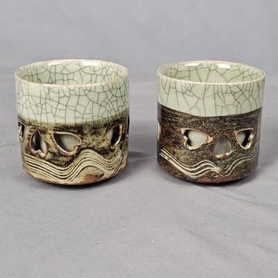 Vintage Somaware Somayaki Double Walled Green Crackle Gold Horse Small Tea Cups