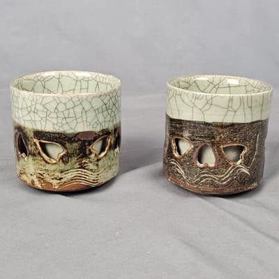 Vintage Somaware Somayaki Double Walled Green Crackle Gold Horse Small Tea Cups - Thumbnail 2