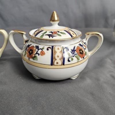 Antique Noritake Hand Painted Cream & Sugar Bowl w Lid Japan - Thumbnail 3