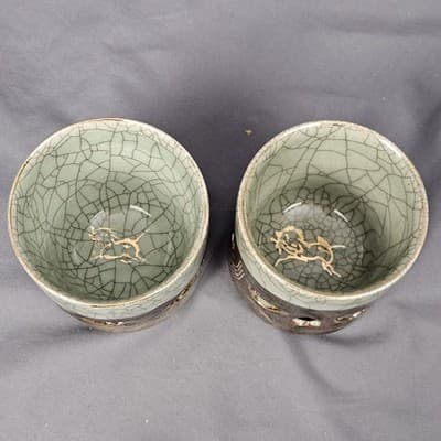 Vintage Somaware Somayaki Double Walled Green Crackle Gold Horse Small Tea Cups - Thumbnail 4