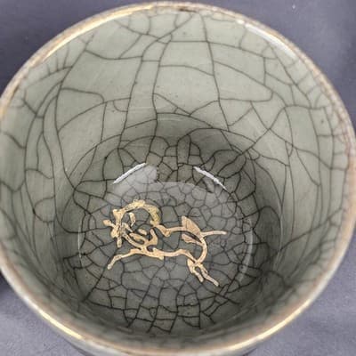 Vintage Somaware Somayaki Double Walled Green Crackle Gold Horse Small Tea Cups - Thumbnail 5