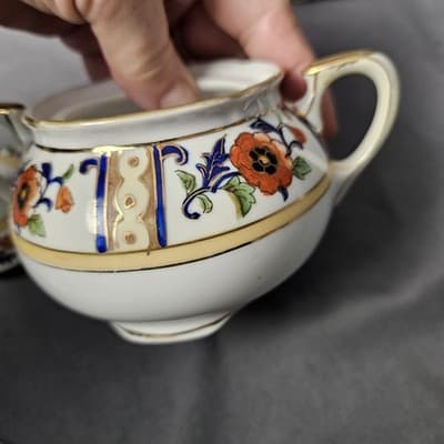 Antique Noritake Hand Painted Cream & Sugar Bowl w Lid Japan - Thumbnail 17
