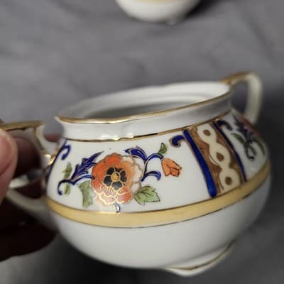 Antique Noritake Hand Painted Cream & Sugar Bowl w Lid Japan - Thumbnail 18