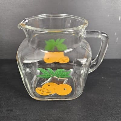 Vtg 5.5" 1960s Clear Glass Square Oranges Leaves Water/ Juice Pitcher - Thumbnail 3