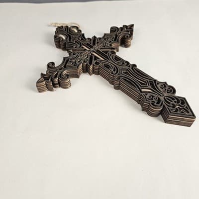 Wooden Scroll Work Cross Walnut and Bass Wood 9" Tall - Thumbnail 3