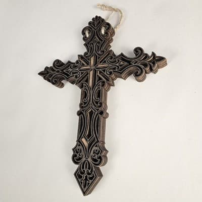 Wooden Scroll Work Cross Walnut and Bass Wood 9" Tall - Thumbnail 2