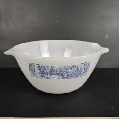Milk Glass Mixing Bowl With Beautiful Detailed Work 10.5"x4" tall Covered Wagon