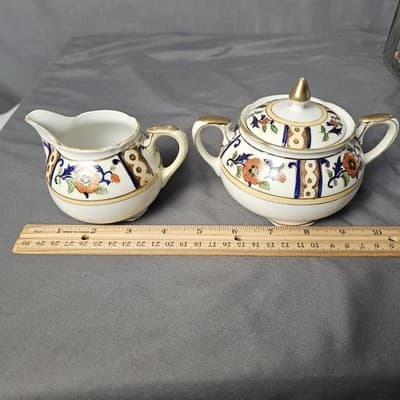 Antique Noritake Hand Painted Cream & Sugar Bowl w Lid Japan - Thumbnail 22