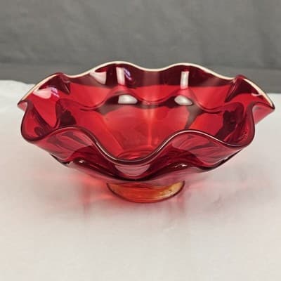 Viking Glass Red Wave Bowl Double Crimped Footed Dish VTG MCM 8" EUC Glows - Thumbnail 2