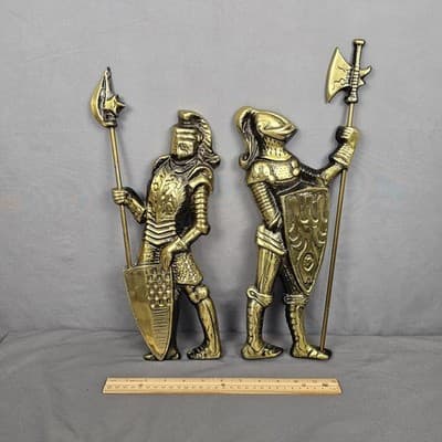 Vintage 1960's Set of 2 Metal Medieval Knight Wall Hangings w/Weapons 14"..JAPAN - Thumbnail 4