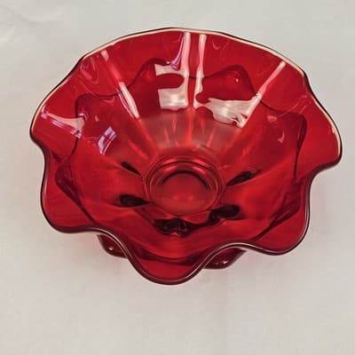Viking Glass Red Wave Bowl Double Crimped Footed Dish VTG MCM 8" EUC Glows - Thumbnail 3