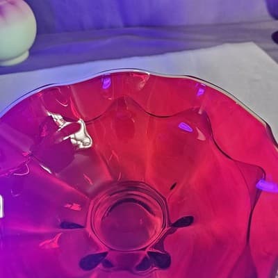 Viking Glass Red Wave Bowl Double Crimped Footed Dish VTG MCM 8" EUC Glows - Thumbnail 12