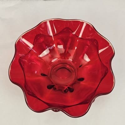 Viking Glass Red Wave Bowl Double Crimped Footed Dish VTG MCM 8" EUC Glows - Thumbnail 10
