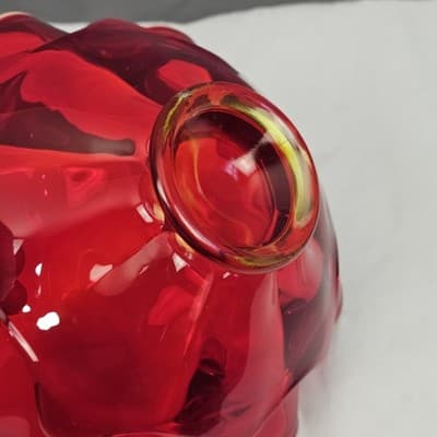 Viking Glass Red Wave Bowl Double Crimped Footed Dish VTG MCM 8" EUC Glows - Thumbnail 8