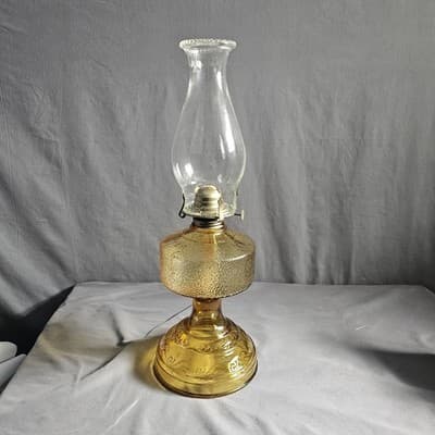 Vintage Amber Glass Oil Lamp with Hurricane Chimney 18.5” Tall Working