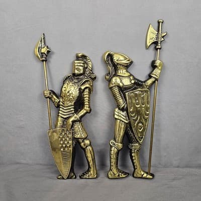 Vintage 1960's Set of 2 Metal Medieval Knight Wall Hangings w/Weapons 14"..JAPAN