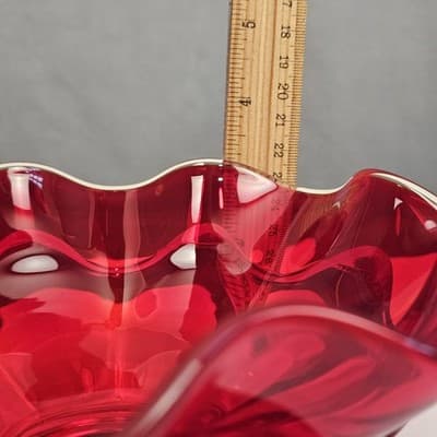 Viking Glass Red Wave Bowl Double Crimped Footed Dish VTG MCM 8" EUC Glows - Thumbnail 6