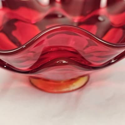 Viking Glass Red Wave Bowl Double Crimped Footed Dish VTG MCM 8" EUC Glows - Thumbnail 4