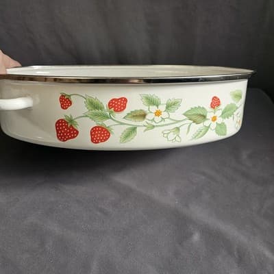 Vintage Strawberry Roasting Pan With Lid & Handles Rare Cook Ware Large 15"x 10" - Thumbnail 10