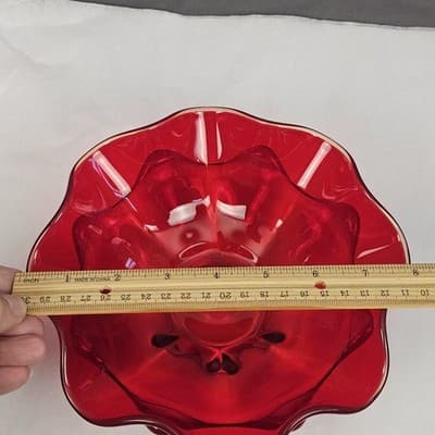 Viking Glass Red Wave Bowl Double Crimped Footed Dish VTG MCM 8" EUC Glows - Thumbnail 5