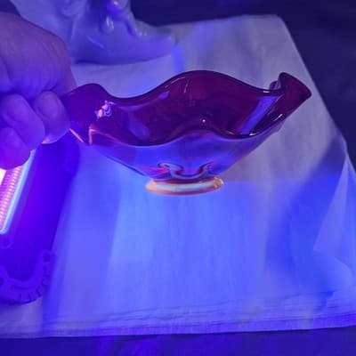 Viking Glass Red Wave Bowl Double Crimped Footed Dish VTG MCM 8" EUC Glows - Thumbnail 14