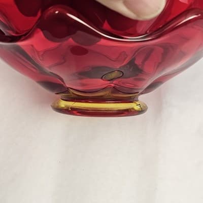 Viking Glass Red Wave Bowl Double Crimped Footed Dish VTG MCM 8" EUC Glows - Thumbnail 9