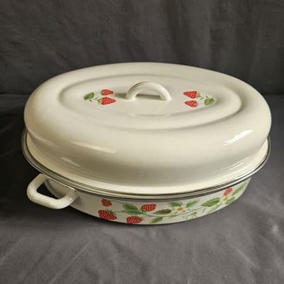 Vintage Strawberry Roasting Pan With Lid & Handles Rare Cook Ware Large 15"x 10" - Thumbnail 2