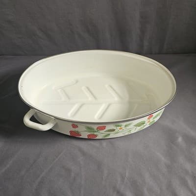 Vintage Strawberry Roasting Pan With Lid & Handles Rare Cook Ware Large 15"x 10" - Thumbnail 4
