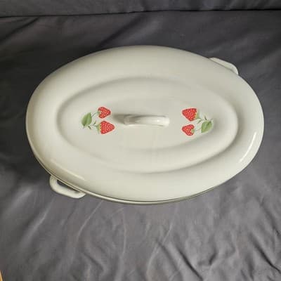 Vintage Strawberry Roasting Pan With Lid & Handles Rare Cook Ware Large 15"x 10" - Thumbnail 3