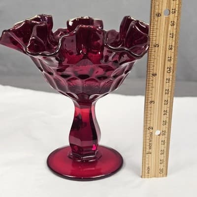 Vintage Ruby Red Fenton Thumbprint Compote Pedestal Bowl Ruffled Trim 6" Tall - Thumbnail 7