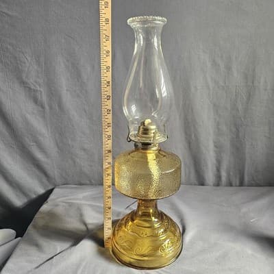 Vintage Amber Glass Oil Lamp with Hurricane Chimney 18.5” Tall Working - Thumbnail 5