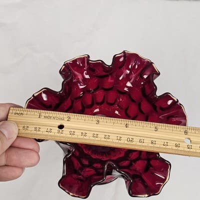 Vintage Ruby Red Fenton Thumbprint Compote Pedestal Bowl Ruffled Trim 6" Tall - Thumbnail 6