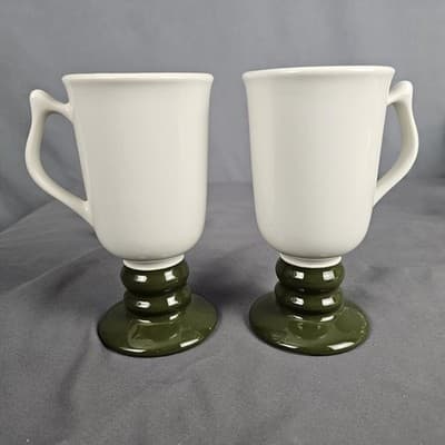 2 Hall Pottery Vintage Irish Coffee Tea Pedestal Mugs Green & White Christmas - Thumbnail 2