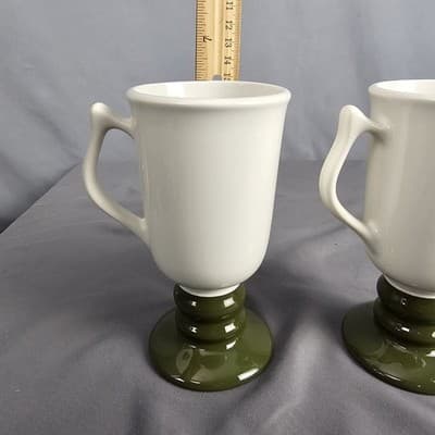 2 Hall Pottery Vintage Irish Coffee Tea Pedestal Mugs Green & White Christmas - Thumbnail 6