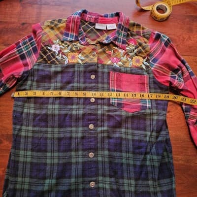 Vintage Blair Color Block Plaid Floral Embroidery sz S Button Down Shirt Top - Thumbnail 7