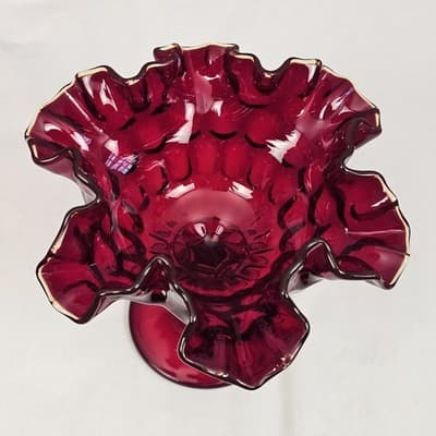 Vintage Ruby Red Fenton Thumbprint Compote Pedestal Bowl Ruffled Trim 6" Tall - Thumbnail 3