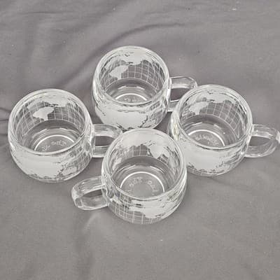 Vintage Nescafe World Globe Etched Glass Coffee Mugs - 4 Pc Set Nestle - Thumbnail 7