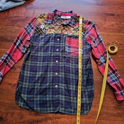 Vintage Blair Color Block Plaid Floral Embroidery sz S Button Down Shirt Top - Thumbnail 5