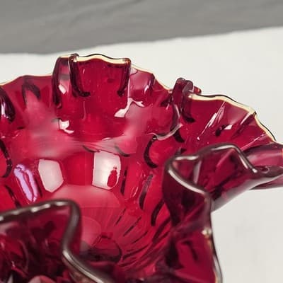 Vintage Ruby Red Fenton Thumbprint Compote Pedestal Bowl Ruffled Trim 6" Tall - Thumbnail 8